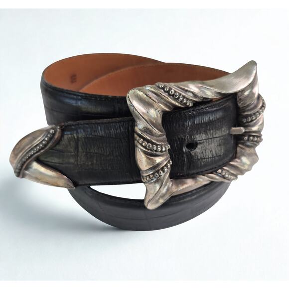 Brighton Belt Black Womens Med Embossed Leather Silver Tone Large Buckle & Tip - Picture 2 of 9